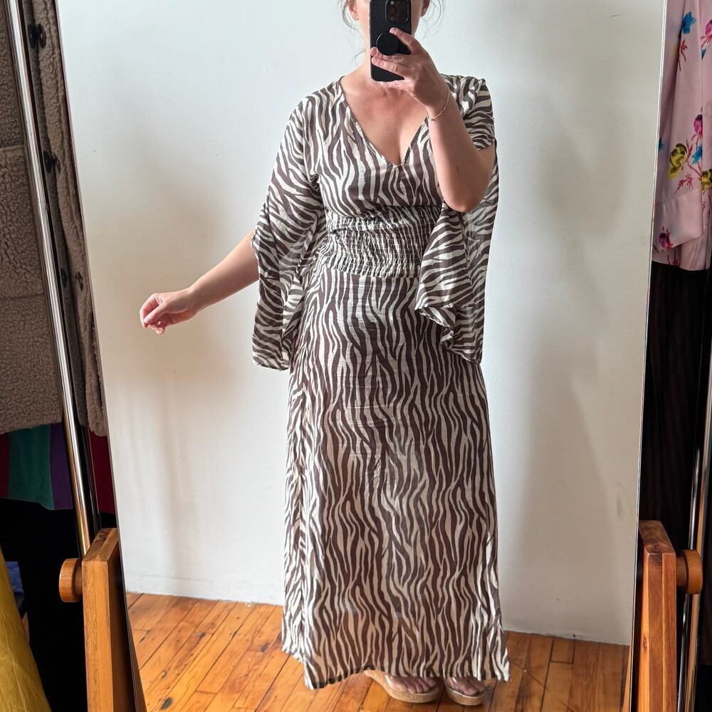 CONTREPOINT 2010s Brown/White Zebra Ruched Bell-Sleeve Maxi Dress